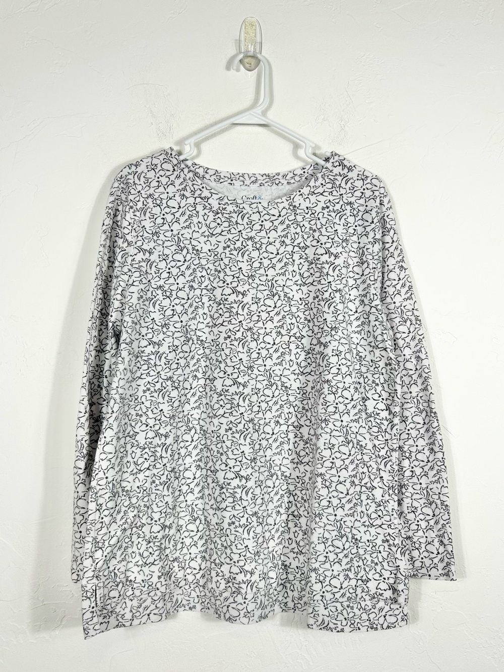 Croft & Barrow White Black Fine Line Floral Long Sleeve Knit Top L